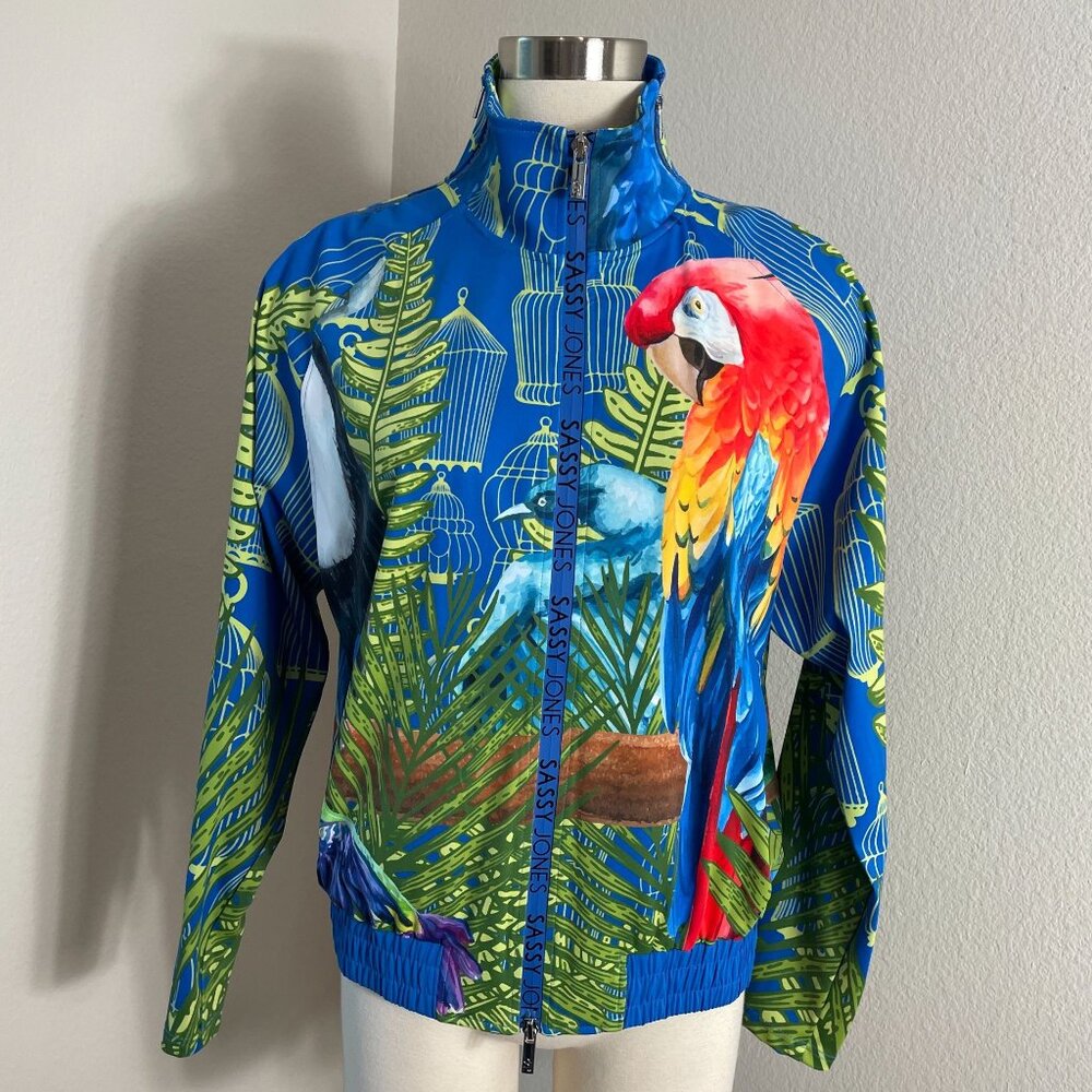 Sassy Jones Womens Large Tropical Birds Zip Jacket Zipper‎ Sleeves Stretch